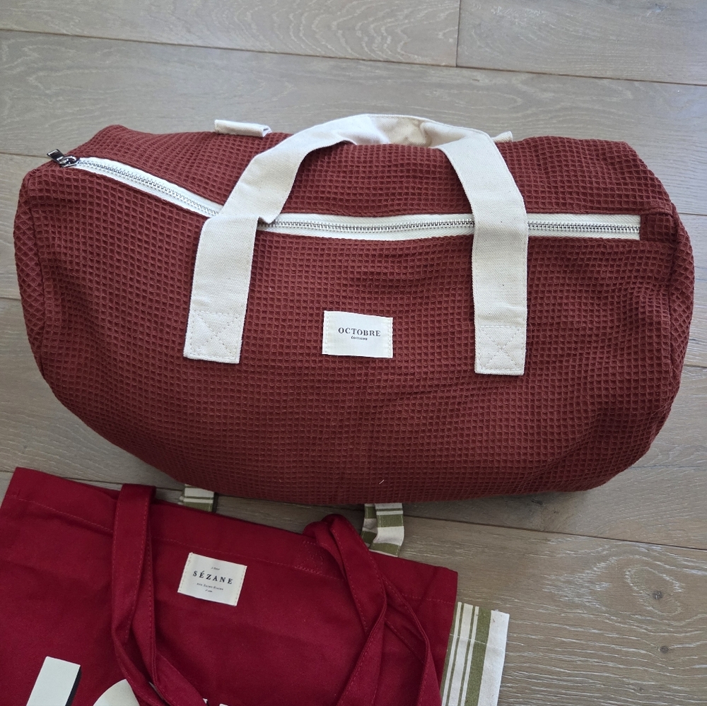 Sezane Red Canvas Tote with Cream Handles